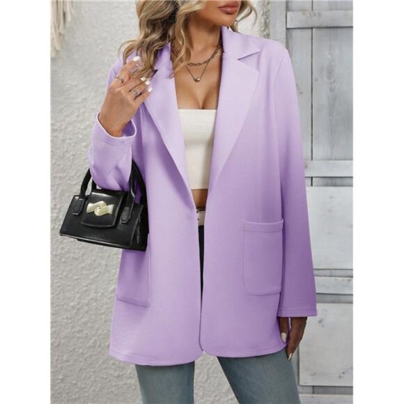 Women Solid Color Turn-Down Collar Long Sleeve Everyday Commute Suit Jacket - Picture 1 of 5